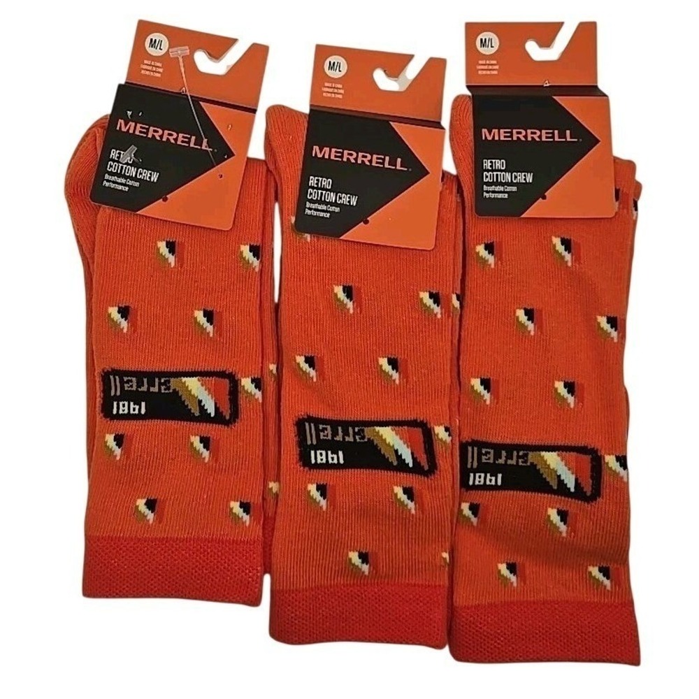 Merrell NWT Retro Cotton Crew Socks 3 Pack M/L Orange Performance